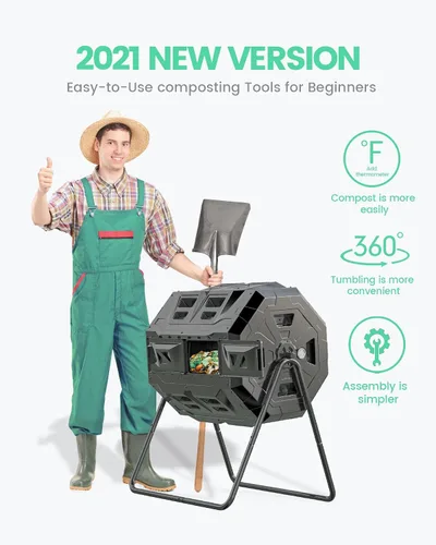 Vista 2 de Compostador giratorio mejorado 2021 con termómetro de compost - Contenedor de compost de jardín de cámara doble (43 galones, negro)