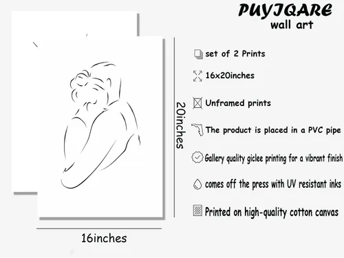 Vista 2 de PUYIQARE Dibujo de línea pareja abrazo a mano lienzo arte de pared, impresión minimalista de lienzo de dibujo de líneas, arte de pareja en blanco