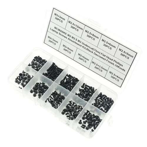 Vista 6 de Kit surtido de tornillos Phillips de cabeza plana M2 M2.5 M3 para laptop, acabado negro Dacromet (300)