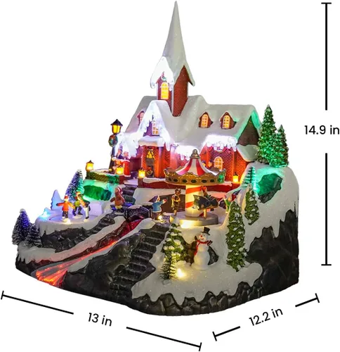 Vista 6 de Casa de iglesia de pueblo navideño de 15 pulgadas, escena animada de invierno con patinadores, carrusel giratorio, luces de fibra óptica y música