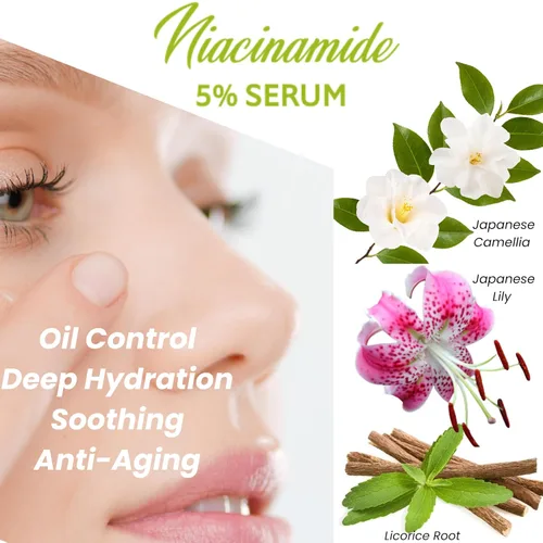 Vista 3 de Suero de niacinamida 5% – Suero facial de niacinamida con ácido hialurónico, extractos naturales – Control de aceite, minimizador de poros, calma