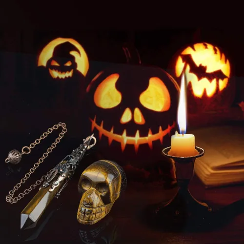 Vista 2 de Rockcloud Péndulo de punto de cristal energético y piedra curativa humana Reiki Skull Figurine Kits de meditación para adivinación radiestesia