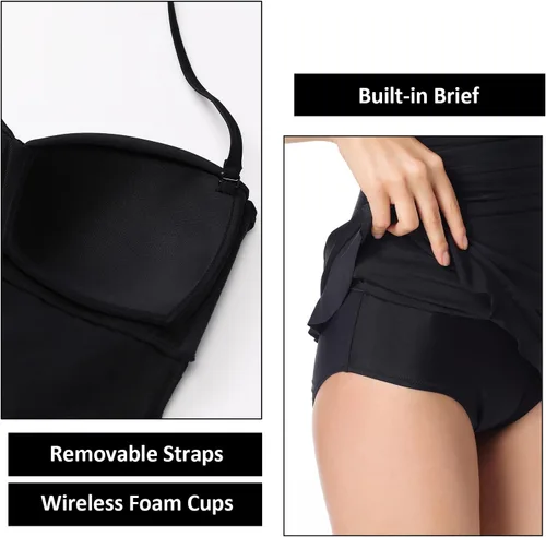 Vista 5 de DOBREVA - Traje de baño de una pieza, estilo halter, top bandeau, con falda y control de abdomen, para mujer Negro
