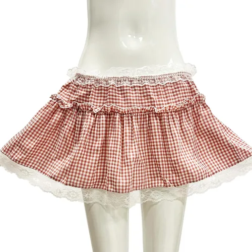 Vista 2 de Falda de hombre Sissy con volantes de encaje calado plisado a cuadros de una línea Minifalda