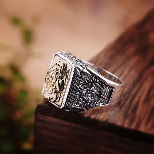 Vista 4 de Renning - Anillo de plata de ley 925 Feng Shui PiXiu para hombres y mujeres, anillos de riqueza Nafu de la suerte, talla 08-14