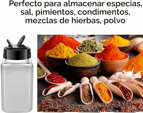 Vista 4 de Paquete de 12 tarros de especias de plástico transparente de 4 onzas con tapas de plástico negro, botellas cuadradas de especias, recipientes
