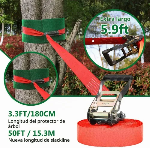 Vista 4 de Dripex Carrera de obstáculos Ninja Warrior para niños, líneas de holgura de 2 x 50 pies para patio trasero con 8 accesorios ninja, barra de mono