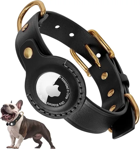 Vista 8 de AirTag Collar de perro – Collar de perro de cuero 100% genuino con soporte Apple AirTag, adecuado para perros pequeños, negro, S, tamaño ajustable