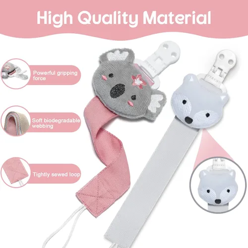 Vista 3 de TYRY.HU Clip para chupete para niñas bebés, paquete de 2 clips neutros para sujetar chupetes para niños, correas suaves, clips de peluche para todos