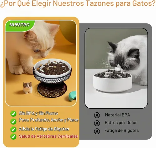 Vista 4 de Tazón de alimentación lenta elevado de cerámica para gatos, plato elevado con soporte, tazón lento para comida húmeda y seca, comedero para mascotas