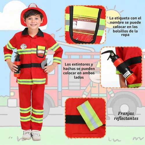 Vista 3 de yolsun disfraz de bombero para niños y niñas, 7 piezas Rojo