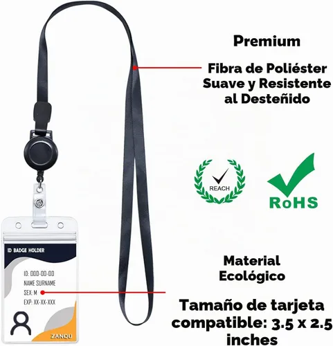 Vista 3 de Cordón retráctil con soportes para tarjetas de identificación, correa para el cuello desmontable y carrete retráctil, diseño de 2 modos de uso