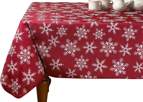 Vista 7 de Violet Linen Manteles rojos decorativos con diseño de copos de nieve navideños - 60" redondos