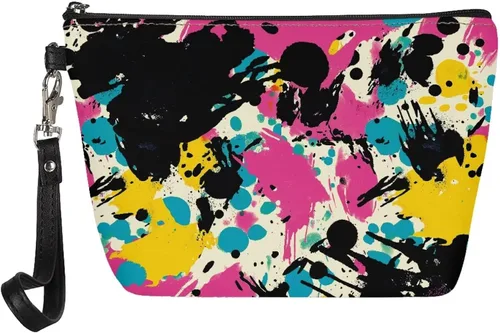 Vista 10 de Howilath Abstract Art Cat Cosmetic Pouch for Women PU Leather Toiletry Storage Bag Trapezoid Makeup Bags with Wrist Strap
