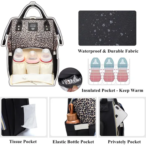 Vista 5 de Bolsa de pañales con estampado de leopardo, mochila multifunción para el cuidado del bebé, bolsa de viaje impermeable para mamá, color marrón