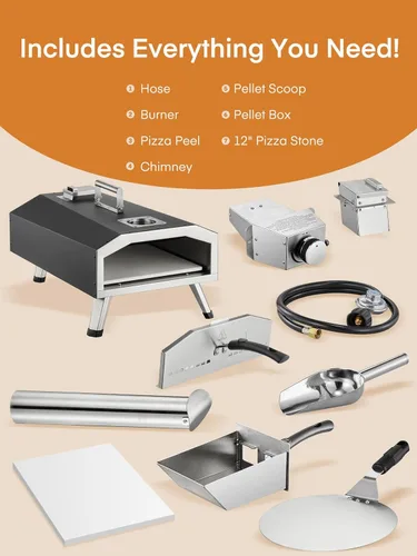 Vista 2 de Horno de pizza para exteriores, horno de pizza portátil de 12 pulgadas de pellets de madera y gas, calienta hasta 1000 °F, con manguera de gas