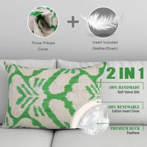 Vista 3 de Almohada decorativa hecha a mano con relleno de plumón, estampado de tigre verde, funda de cojín lumbar de seda de terciopelo suave para sala