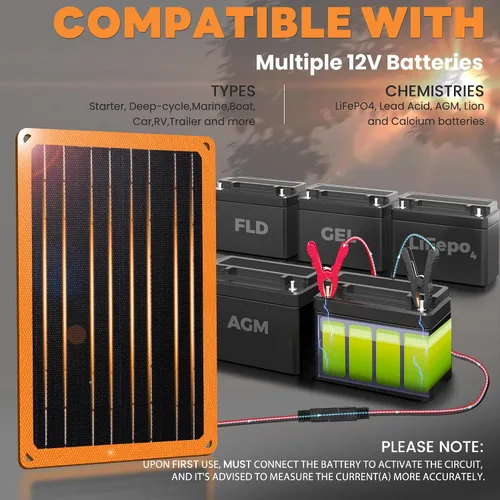 Vista 4 de FieryRed Cargador y mantenedor de batería de coche con panel solar de 10 W y 12 V, cargador de goteo impermeable con controlador integrado, enchufe