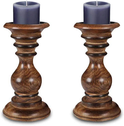 Vista 13 de Portavelas de madera rústica de color blanco lavado (juego de 2) – Soportes de pilar de 6 pulgadas de alto, decoración vintage Shabby Chic, acabado