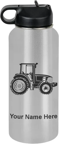 Vista 77 de LaserGram Botella de agua personalizada, tractor agrícola, acero inoxidable de doble pared aislada al vacío con popote superior, regalo grabado