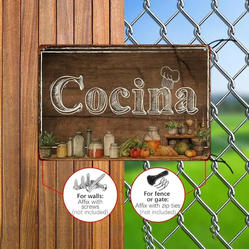 Vista 4 de Letreros de pared de metal vintage españoles "Cocina" de 8 x 12 pulgadas, carteles de metal retro para sala de estar, dormitorio, cocina, baño