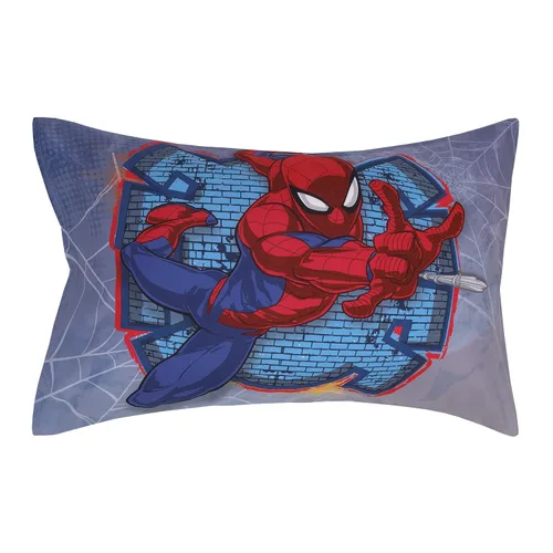 Vista 5 de Disney Marvel Spiderman Wall Crawler - Juego de ropa de cama infantil de 4 piezas con telarañas rojas, blancas y azules, edredón, sábana bajera