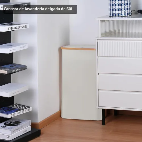 Vista 4 de Cesta de lavandería delgada, cesta estrecha con tapa, cesta de 60 litros para lavandería, cesta de tela sucia con mango de bambú para juguetes, Beige