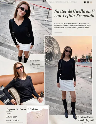 Vista 4 de Ekouaer Suéter de punto trenzado con cuello en V para mujer, manga larga Negro