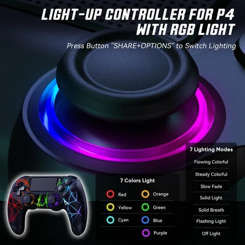 Vista 5 de GamingBoy 2 Pack Wireless Controller for PS4, Light-up RGB Remote Control for Ps4/PC with Hall Effect Joystick/1000mAh Battery/Type-C/Dual