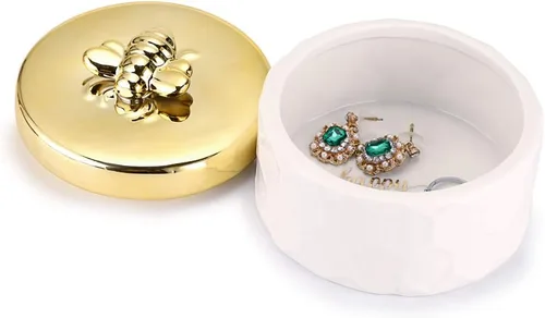 Vista 9 de Hipiwe Joyero de cerámica con tapa de abeja dorada, organizador de exhibición de joyas pequeño, contenedor de almacenamiento para decoración