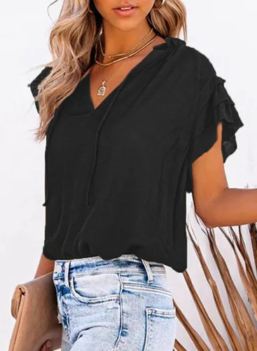Vista 3 de Dokotto - Blusas informales con cuello en V para mujer, diseño de manga corta, con cordón ajustable