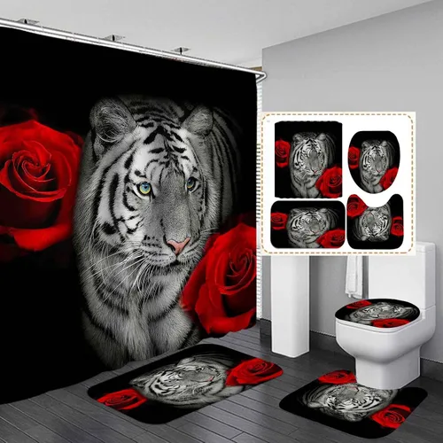 Vista 16 de Juego de 4 cortinas de ducha de rey león negro, citas inspiradoras, palabras motivacionales positivas y educativas, decoración de baño de animales