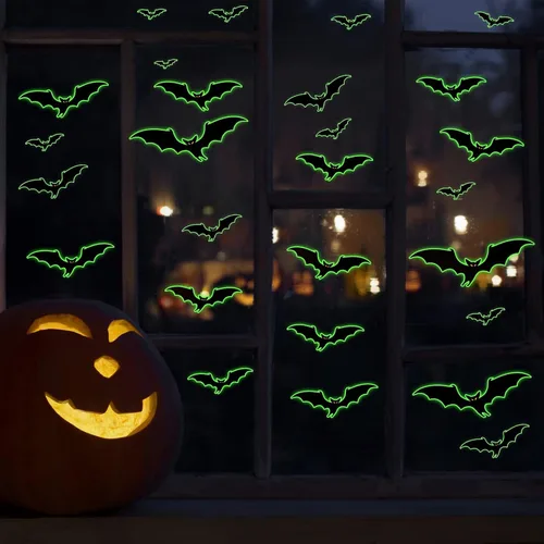 Vista 4 de 3 hojas de calcomanías luminosas de murciélago de Halloween que brillan en la oscuridad, calcomanías luminosas de murciélagos de Halloween
