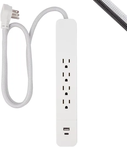 Vista 2 de GE SurGE - Tira de alimentación protectora con puertos USB, cable de extensión trenzado de 3 pies, 1060 julios, extensor de 4 tomas, 1 USB-A, 1