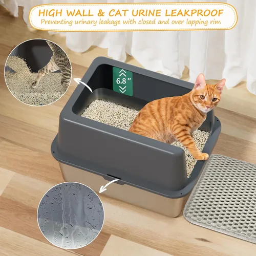 Vista 5 de Caja de arena para gatos de acero inoxidable, bandeja de arena de metal cubierta, bandejas de arena para gatos con lados altos, caja de arena
