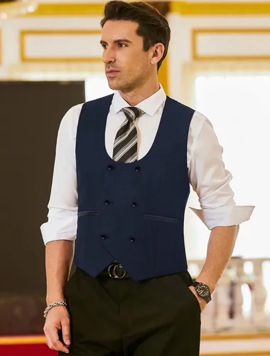 Vista 2 de COOFANDY Chaleco de traje para hombre, ajustado, doble botonadura, chaleco formal de negocios
