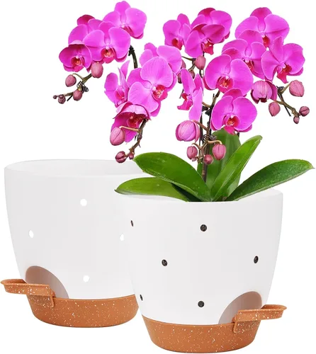 Vista 18 de 6 Inch Orchid Pot, 2 Pack Self Watering Plant Pots, Orchid Pots with Holes Blanco+Marrón