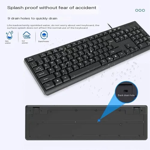 Vista 5 de Teclado con cable, teclado con cable de 104 teclas con teclado numérico, indicadores LED, ergonómico, cómodo juego y enchufe para Windows/Mac/PC
