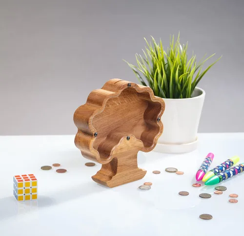 Vista 3 de Marco de caja de dinero de árbol bonsái de madera para adultos, niños, niñas, niños, regalos Montessori de madera, personalizable, banco de monedas