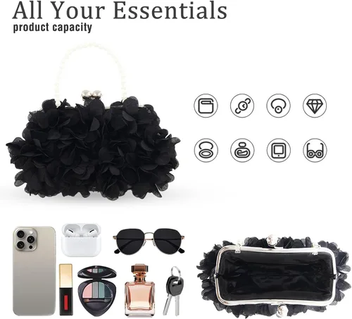 Vista 6 de Elegante bolso de noche para mujer, pequeño bolso de mano floral con cadena desmontable para bodas, fiestas, bailes de graduación