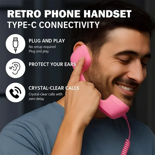 Vista 7 de Auricular retro para teléfono tipo C, teléfono retro con cable con micrófono y altavoz, receptor de teléfono clásico para teléfono celular