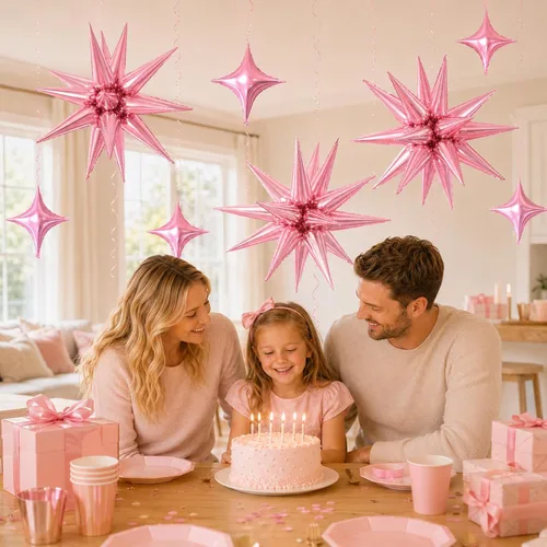 Vista 6 de 18 globos de estrella rosa, globo rosa bebé con 6 globos de estrella en explosión de 22 pulgadas, 12 globos de aluminio de cuatro estrellas