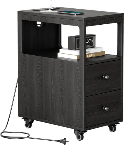 Vista 9 de Mesa auxiliar estrecha con estación de carga y ruedas, mesa auxiliar de sofá estrecha móvil con puertos USB y salidas para espacio pequeño, sala