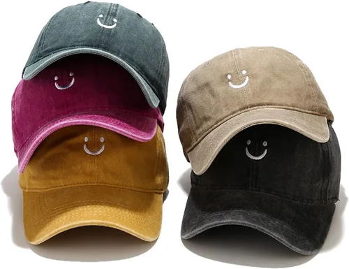Vista 2 de Gorra de béisbol con cara sonriente, estilo vintage, envejecida, de bajo perfil, de algodón, sin estructura, ajustable para mujeres y hombres