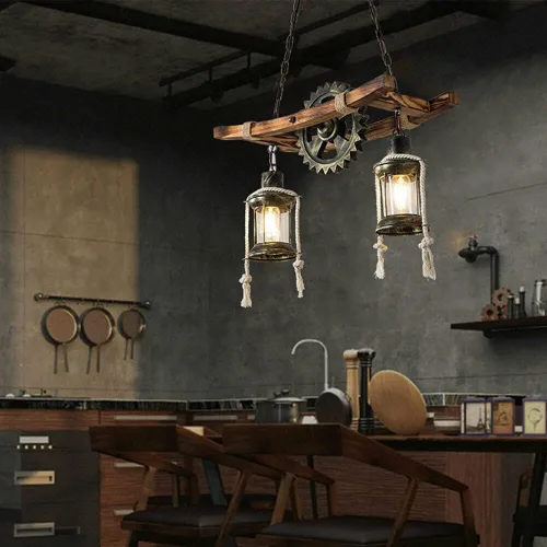 Vista 2 de TFCFL Lámpara colgante industrial de 8 cabezas, estilo granja, de madera, lámpara de techo vintage, pantalla de cristal para mesa de billar, cocina