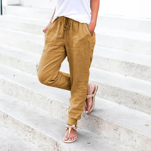 Vista 3 de DGZTWLL Pantalones de lino para mujer, de verano, talla pequeña, talla grande, cintura alta, cónicos, casuales, pantalones deportivos de yoga