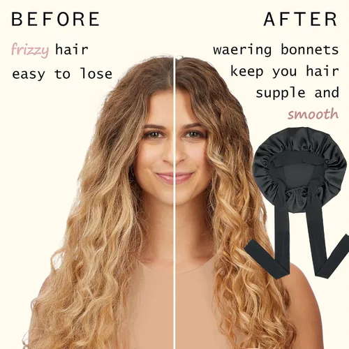 Vista 6 de Gorro de satén de seda para dormir con banda de amarre y tiras ajustables, para mujeres con cabello rizado y trenzado, color negro, tamaño grande