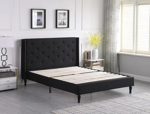 Vista 6 de Base de cama de plataforma tapizada Queen con cabecera de 45 pulgadas y base ajustable, cama de lino con botones copetudos, soporte de listones