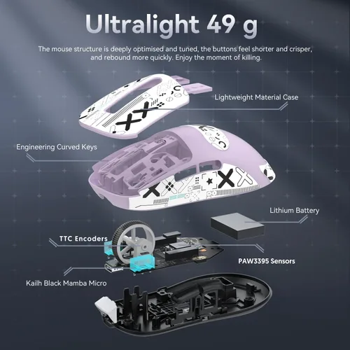 Vista 5 de ATTACK SHARK X3 Mouse inalámbrico para juegos, 1.73 oz Bluetooth2.4GUSB-C, mouse ergonómico para computadora, sensor PAW3395 26K DPI, duración
