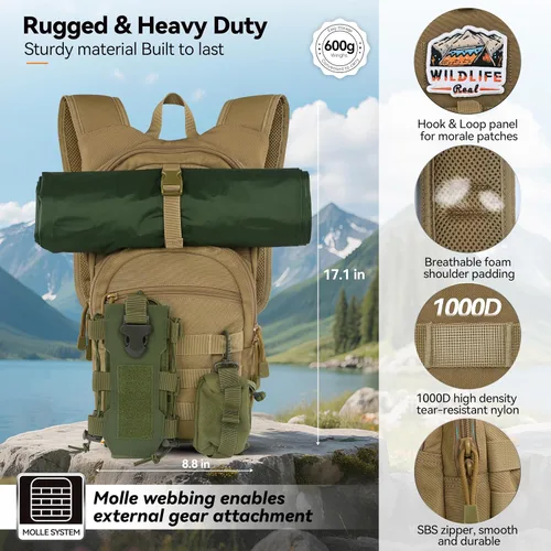 Vista 2 de MARCHWAY Mochila de Hidratación Táctica Molle con Vejiga de Agua de TPU de 2.5L, Mochila Militar Organizada de Perfil Bajo para Senderismo, Canela